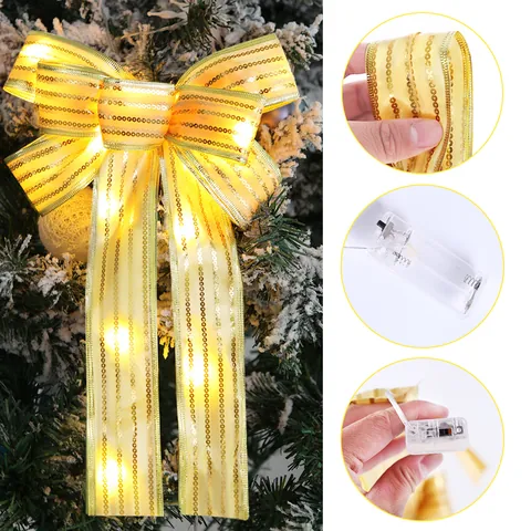 Lichtgevende Kerststrik Decoratie LED Warm Licht Gouden Rand Bedrukt Rendier Sneeuwvlok Ornament Boomtop Kerst Woondecoratie