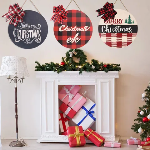 Letrero Colgante Redondo de Madera Merry Christmas Con Lazo Placa de Bienvenida de Navidad Para Pared de Casa Decoración