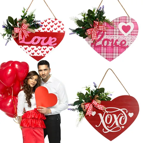 Targa per Porta a Forma di Cuore in Legno di San Valentino Romantica Love XOXO Motivo Plaid con Fiocco Piante Artificiali Decorazione Rustica