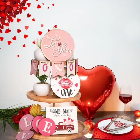 Set Decorazioni Vassoio a Livelli in Legno Ornamento da Tavolo per San Valentino Natale Ringraziamento Tema Fragola Caffè Casa