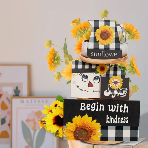 Wooden Tiered Tray Decor Set Sunflower Christmas Valentines Thanksgiving Pumpkin Coffee Bar Rustic Farmhouse Table Centerpiece Holiday Home Decoration