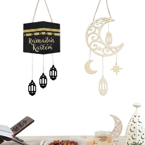 Cartel Colgante de Madera Ramadan Eid Luna Estrella Placa de Pared Islámica Mezquita Linterna Colgador de Puerta Para Decoración de Hogar Festival Musulmán