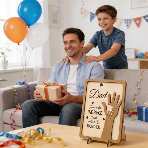 3D Holz Vatertag Tischschild Dad You Are The Piece That Holds Us Together Herz Handabdruck Desktop Dekoration Geschenk