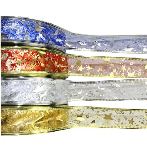 Nastro in Organza Natalizia Bordo Metallico Stampa a Caldo Stella Nota Musicale Per Decorazione Albero di Natale Confezione Regalo