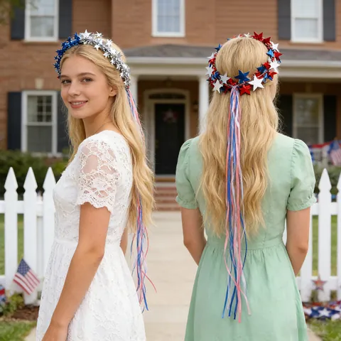 Serre-tête Guirlande d'Étoiles Patriotiques du Jour de l'Indépendance Avec Longs Rubans Rouge Blanc Bleu Accessoire Cheveux pour Fête Festival