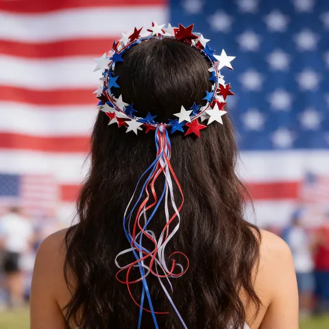 Serre-tête Guirlande d'Étoiles Patriotiques du Jour de l'Indépendance Avec Longs Rubans Rouge Blanc Bleu Accessoire Cheveux pour Fête Festival