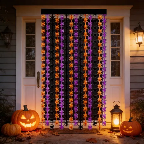 Halloween Decoratie Spin Regenzijde Gordijn Oranje Paars Zwart Kwastje Folie Achtergrond Gordijn Voor Feestelijke Lay-out