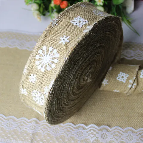 Christmas Jute Burlap Ribbon With White Snowflake Print Rustic Decorative Ribbon For Christmas Tree Party Gift Wrapping