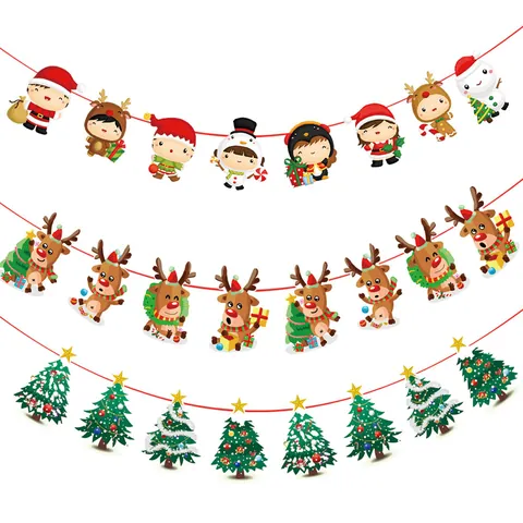 Kerst Papieren Banner Decoratie Cartoon Kerstman Rendier Kerstboom Patroon Bedrukt Hangende Slinger Voor Feestdagen Thuis Decoratie
