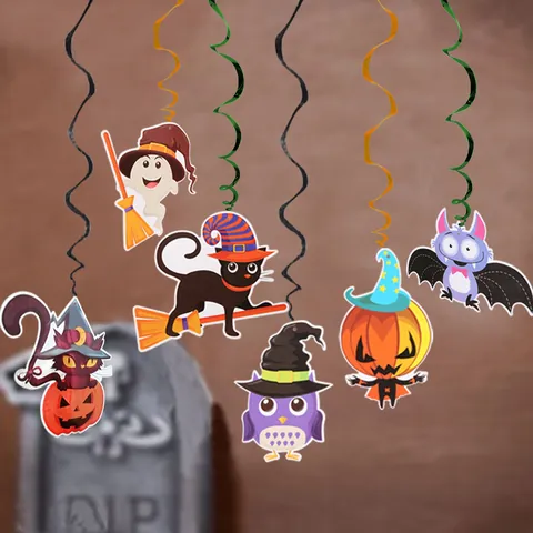 Halloween Spiral Hanging Decorations Cartoon Ghost Pumpkin Bat Witch Paper PVC Swirl Ornaments For Party Mall Home Ceiling Decor