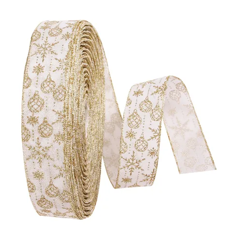 Europäisches Weihnachtsband Goldstaub Schneeflockendruck Weißes Netzband Mit Drahtkante Für Weihnachtsbaum Dekor DIY Handwerk Hochzeit Party