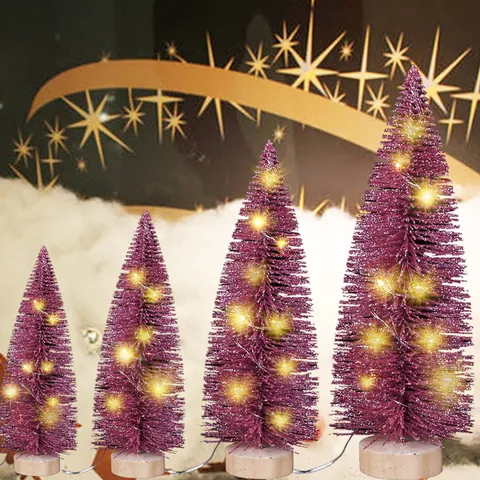 Mini Weihnachtsbaum LED Beleuchtet Tannennadelbaum Mit Holzsockel Puder Desktop Dekoration Rosarot Weiß