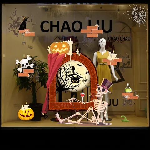 Halloween Schaufenster Aufkleber Kürbis Fledermaus Hexe Schloss Statische Haftfolie Glas Dekor Für Geschäft Home Partybedarf