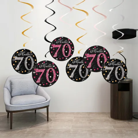 Διακοσμητικά Σπιράλ PVC Happy 70th Birthday Party Διακοσμητικά Ροζ Κόκκινο Μαύρο Γκλίτερ Αριθμός Σπιράλ Για Διακόσμηση Συμποσίου Επετείου