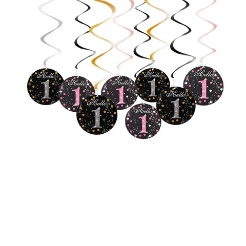 1st Birthday Party Hanging Whirls Decorations PVC Paper Spirals With Hello 1 Round Signs For Anniversary Celebration Decor