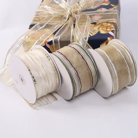 Nastro Decorativo Natalizio con Bordo in Filo Metallico Poliestere Trasparente a Righe per Confezioni Regalo Decorazioni Feste Fai da Te