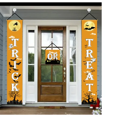 Halloween Trick Or Treat Door Banners Fabric Hanging Porch Signs For Outdoor Indoor Home Party Decoration Halloween Couplets