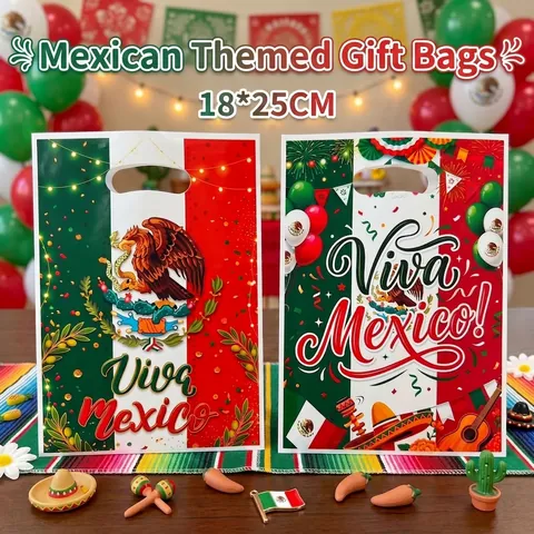 Geschenktüten Zum Mexikanischen Unabhängigkeitstag Viva Mexico Kunststoff Partybeutel Mit Griffloch Grün Weiß Rot Goodie Bags