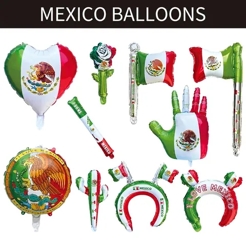Mexico Onafhankelijkheidsdag Aluminiumfolie Ballonnen Set Vlag Patroon Hart Cactus Roos Vormige Hoofdband Handheld Stick Party Decoraties
