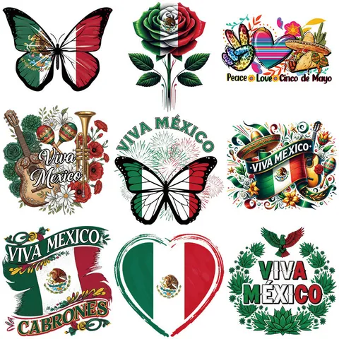Toppe A Trasferimento Termico Per Il Giorno Dell'Indipendenza Del Messico Temi Viva México Farfalla Rosa Ragazza Chignon Adesivi Per Vestiti Fai Da Te