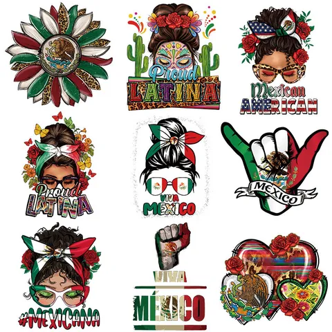 Toppe a Trasferimento Termico per il Giorno dell'Indipendenza Messicana per Vestiti Decalcomanie Stirabili T-Shirt Fai-da-Te Design Etnico Proud Mexicana Girasole