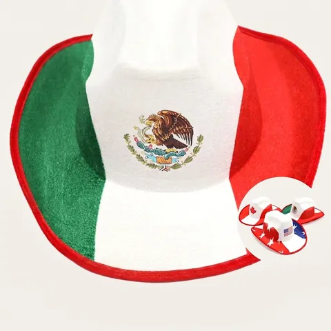 Sombrero de Vaquero del Oeste de Poliéster Patchwork Bandera de México EE. UU. Canadá Estampado Sombrero de Fiesta para Hombre Mujer