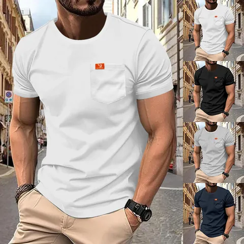Heren T-Shirt Korte Mouwen Polyester Elastaan Mix Ronde Hals Zak Slim Fit Effen Kleur Casual Basis Bovenstuk