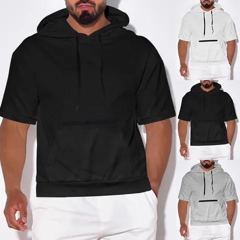 Maglietta da Uomo Casual con Cappuccio a Manica Corta Trama a Nido d'Ape Pesante Tinta Unita Top Pullover con Tasca a Canguro