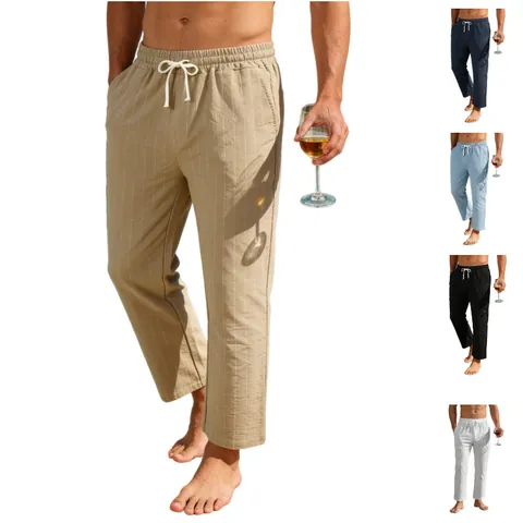 Pantalon Décontracté à Rayures en Mélange de Lin pour Hommes Coupe Droite Ample Cordon Respirant Été Vacances