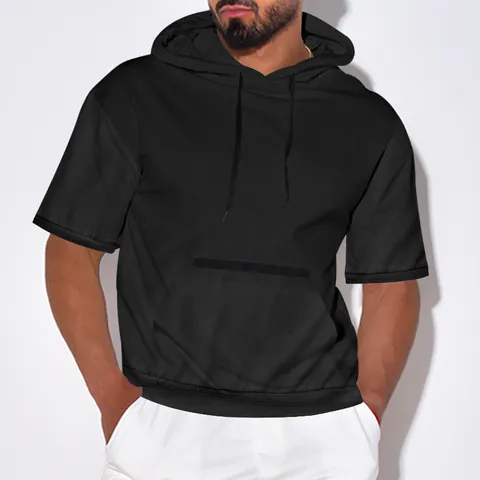 Maglietta da Uomo Casual con Cappuccio a Manica Corta Trama a Nido d'Ape Pesante Tinta Unita Top Pullover con Tasca a Canguro