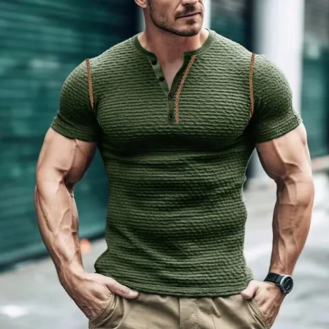 Maglietta da Uomo Henley Slim Fit Muscle T-Shirt Strutturata Traspirante Manica Corta Estate Fitness Top Sportivo