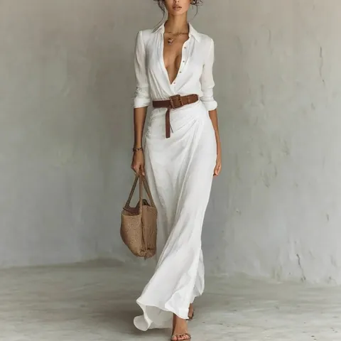 Elegant Women V-Neck Long Sleeve Irregular Pleated Midi Dress With Belt Solid Color Slim Fit Autumn Fashion Party Dress
