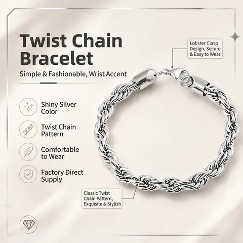 Bracciale A Catena In Corda Intrecciata Acciaio Inossidabile Stile Punk Hip Hop Gioielli Per Uomini E Donne Colore Argento