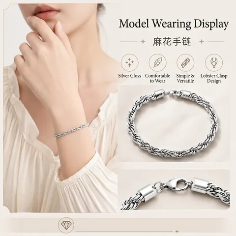 Bracciale A Catena In Corda Intrecciata Acciaio Inossidabile Stile Punk Hip Hop Gioielli Per Uomini E Donne Colore Argento