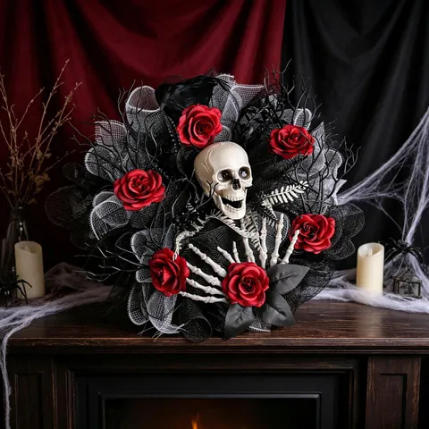 Couronne Halloween Gothique Crâne Rose Rouge Main Squelette Corbeau Décoration Porte Fête Horreur Filet Plastique Polyester