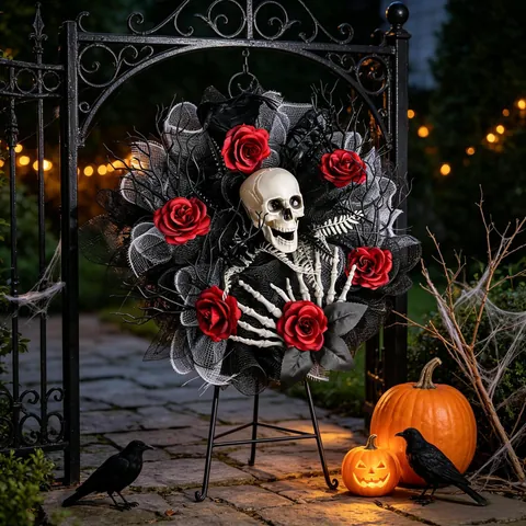 Couronne Halloween Gothique Crâne Rose Rouge Main Squelette Corbeau Décoration Porte Fête Horreur Filet Plastique Polyester