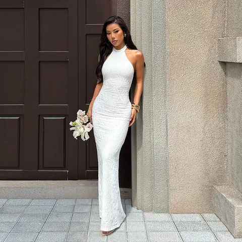 Women Halter Maxi Dress Sexy Backless Textured Pleated Fabric Elegant Evening Party Vacation Sleeveless Long Skirt White