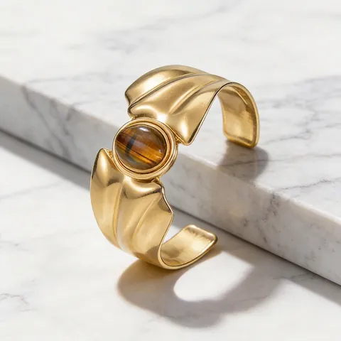 Bracciale Rigido Aperto in Acciaio Inossidabile Ondulato Irregolare Vintage per Donna Gioielli Bangle Placcati Oro con Pietra Occhio di Tigre