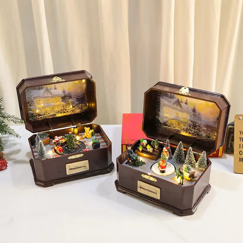 Vintage Christmas Music Box LED Light Up Rotating Miniature Scene Suitcase Decoration Retro Christmas Gift For Kids Home