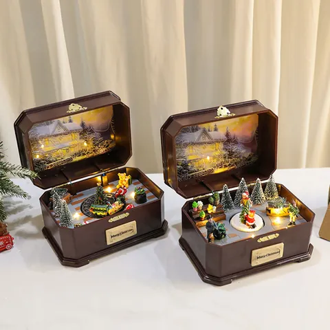 Vintage Christmas Music Box LED Light Up Rotating Miniature Scene Suitcase Decoration Retro Christmas Gift For Kids Home