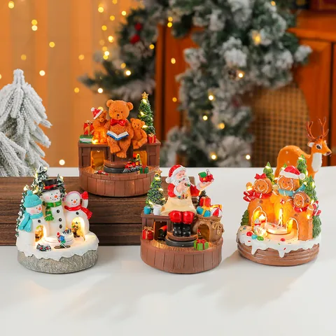 Christmas Resin Rotating Luminous Music Box Ornament Santa Snowman House LED Night Light Children Holiday Decor Gift