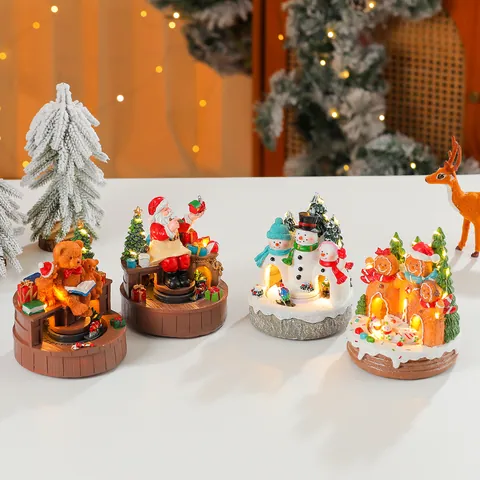 Christmas Resin Rotating Luminous Music Box Ornament Santa Snowman House LED Night Light Children Holiday Decor Gift