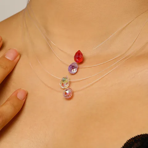 Korean Ins Invisible Fishing Line Necklace Colorful Faceted Glass Waterdrop Pendant Minimalist Transparent Choker For Women