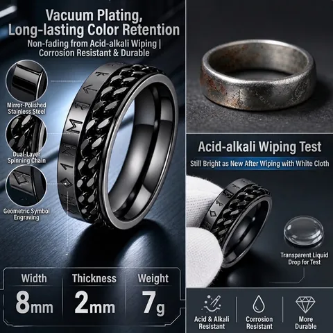 Spinner Ring Stainless Steel Rotatable Cuban Chain Roman Numerals Viking Runes Punk Hip Hop Band Jewelry For Men Women