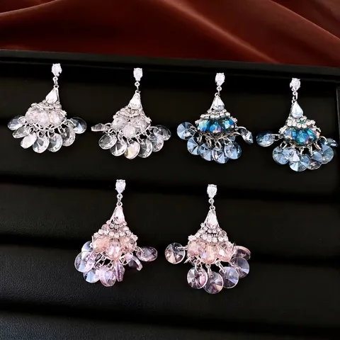 Vintage Fan Shaped Rhinestone Tassel Drop Earrings For Women Luxury Silver Earring Post Glass Crystal Wedding Banquet Jewelry