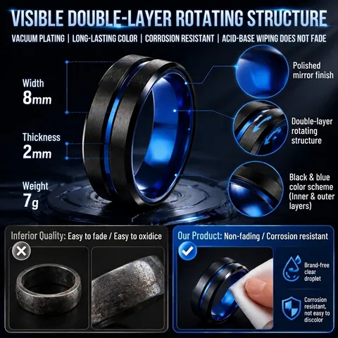 Men Stainless Steel Double Layer Rotatable Spinner Ring Titanium Steel Stress Relief Band Ring Fashion Jewelry For Men