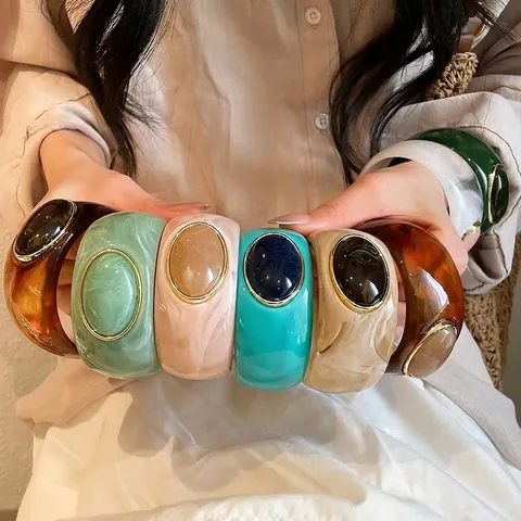 Vintage Oval Acrylic Wide Bangle Niche Design Marble Pattern Resin Inlaid Geometric Bracelet For Women Fashion Jewelry