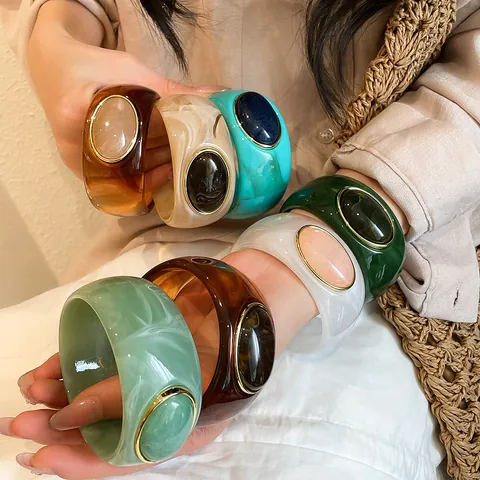 Vintage Oval Acrylic Wide Bangle Niche Design Marble Pattern Resin Inlaid Geometric Bracelet For Women Fashion Jewelry