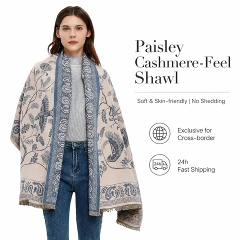 Écharpe Élégante en Polyester pour Femme avec Motif Paisley et Oiseau Châle Chaud d'Hiver avec Glands Écharpe Double Face Femme