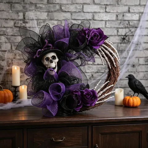 Γοτθικό Στεφάνι Halloween Σκελετός Νεκροκεφαλή Τριαντάφυλλο Πλέγμα Διακόσμηση για Πόρτα Τοίχο Πάρτι Σπίτι Σκηνικό
